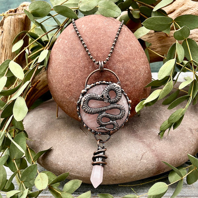 Rose Quartz Snake Necklace - Bronze