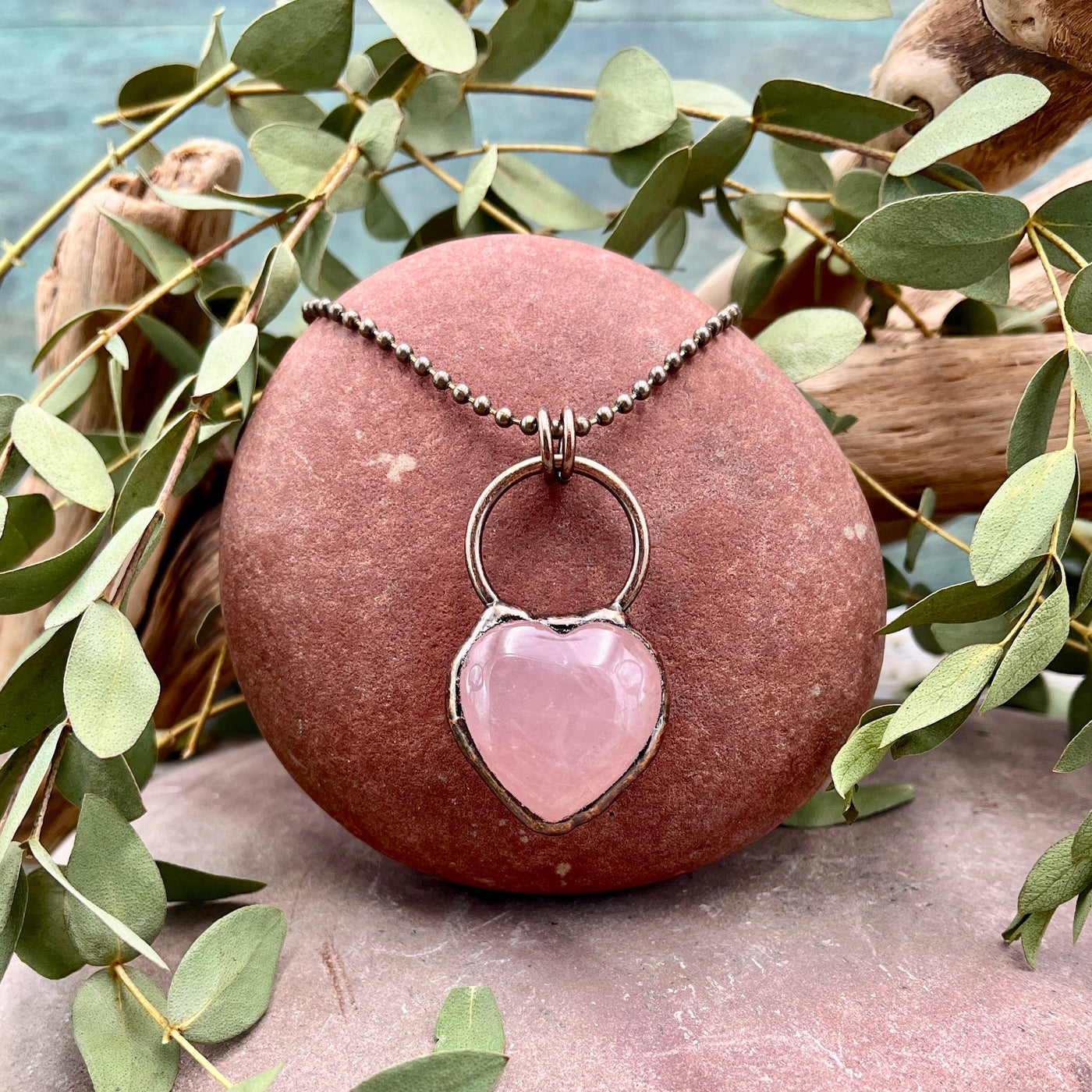 Rose Quartz Heart Necklace - Bronze