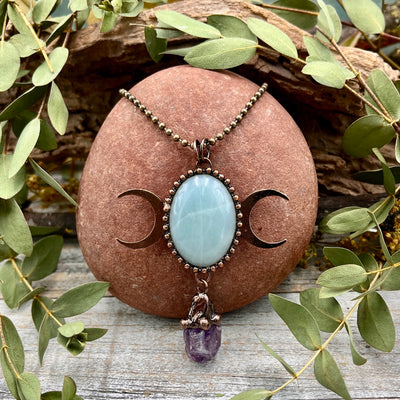 Amazonite Triple Moon Necklace with Amethyst