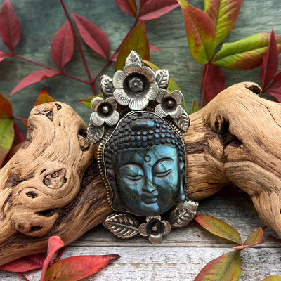 Labradorite Buddha Pendant with Flowers