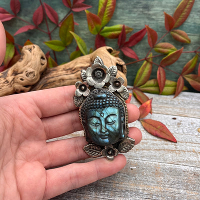 Labradorite Buddha Pendant with Flowers