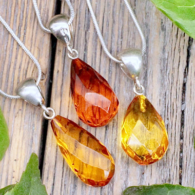 Amber Faceted Teardrop Pendant - Sterling Silver