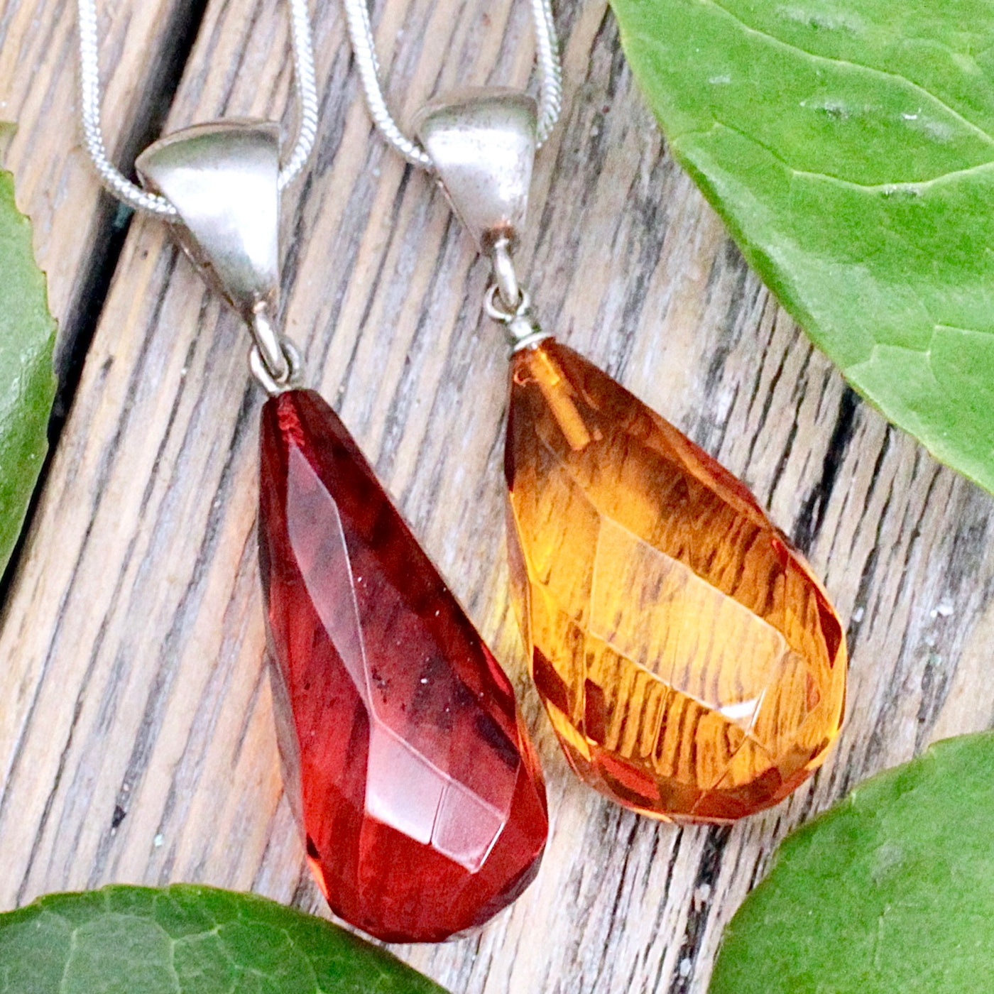 Amber Faceted Teardrop Pendant - Sterling Silver