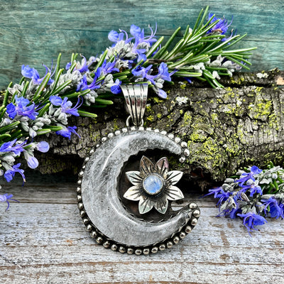 Quartz Moon and Flower Pendant