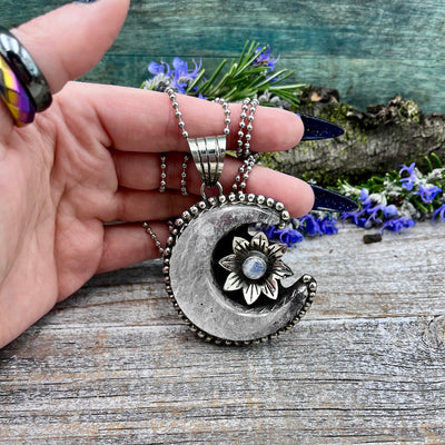 Quartz Moon and Flower Pendant