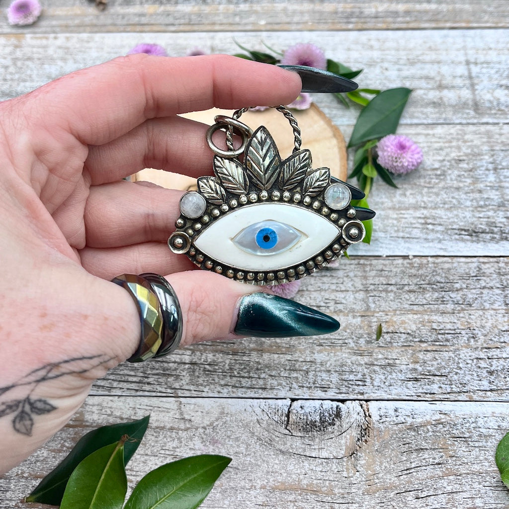 Evil Eye Pendant with Moonstone & Bone