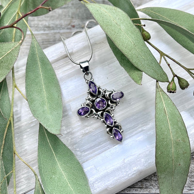 Faceted Amethyst Cross Necklace - Sterling Silver