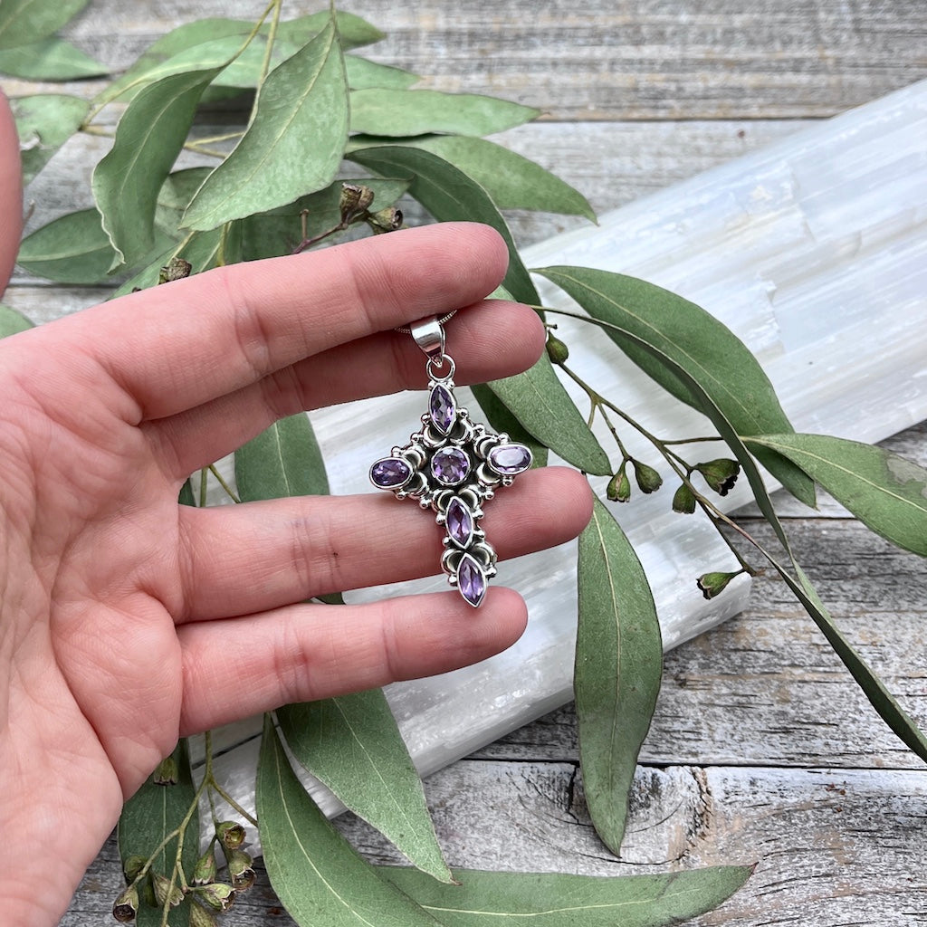 Faceted Amethyst Cross Necklace - Sterling Silver