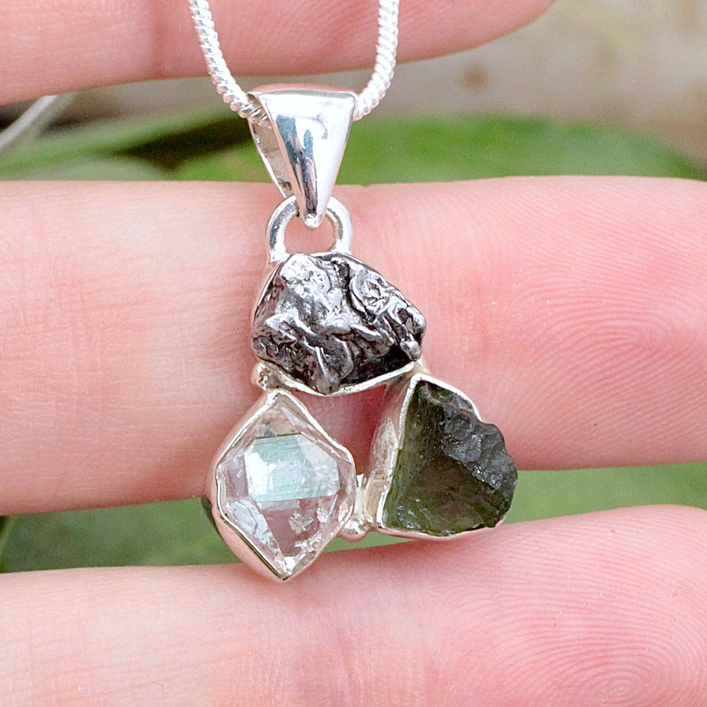 Moldavite, Pakimer Diamond and Campo Del Cielo Meterorite Pendant