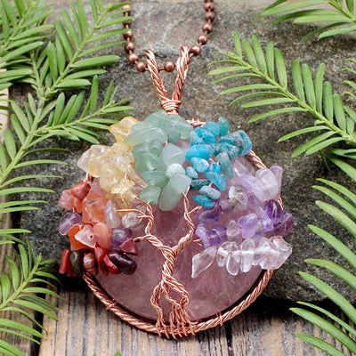 Rose Quartz Chakra Tree of Life Copper Wire Wrapped Pendant