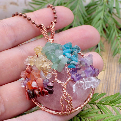 Rose Quartz Chakra Tree of Life Copper Wire Wrapped Pendant