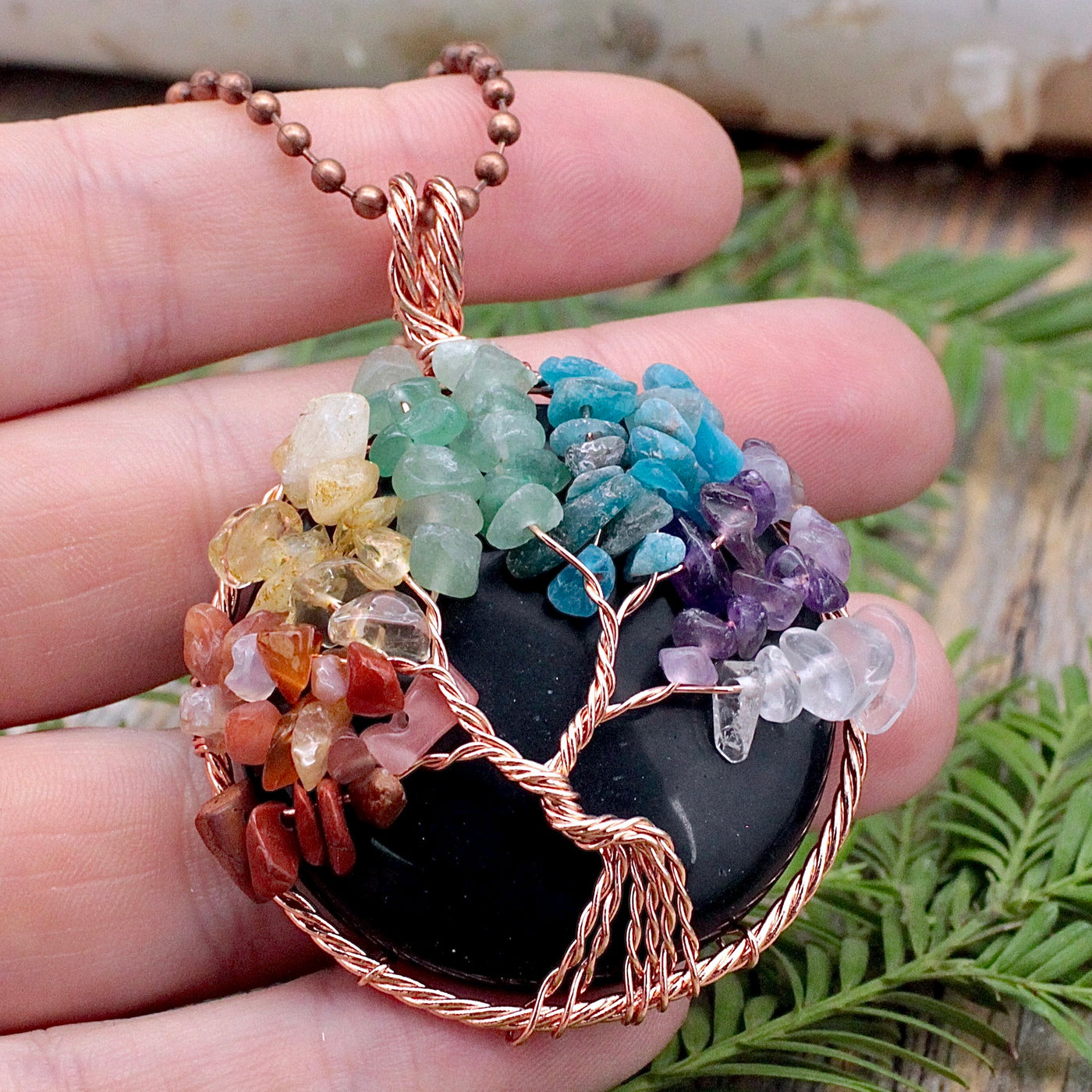 Black Jasper Chakra Tree of Life Copper Wire Wrapped Pendant