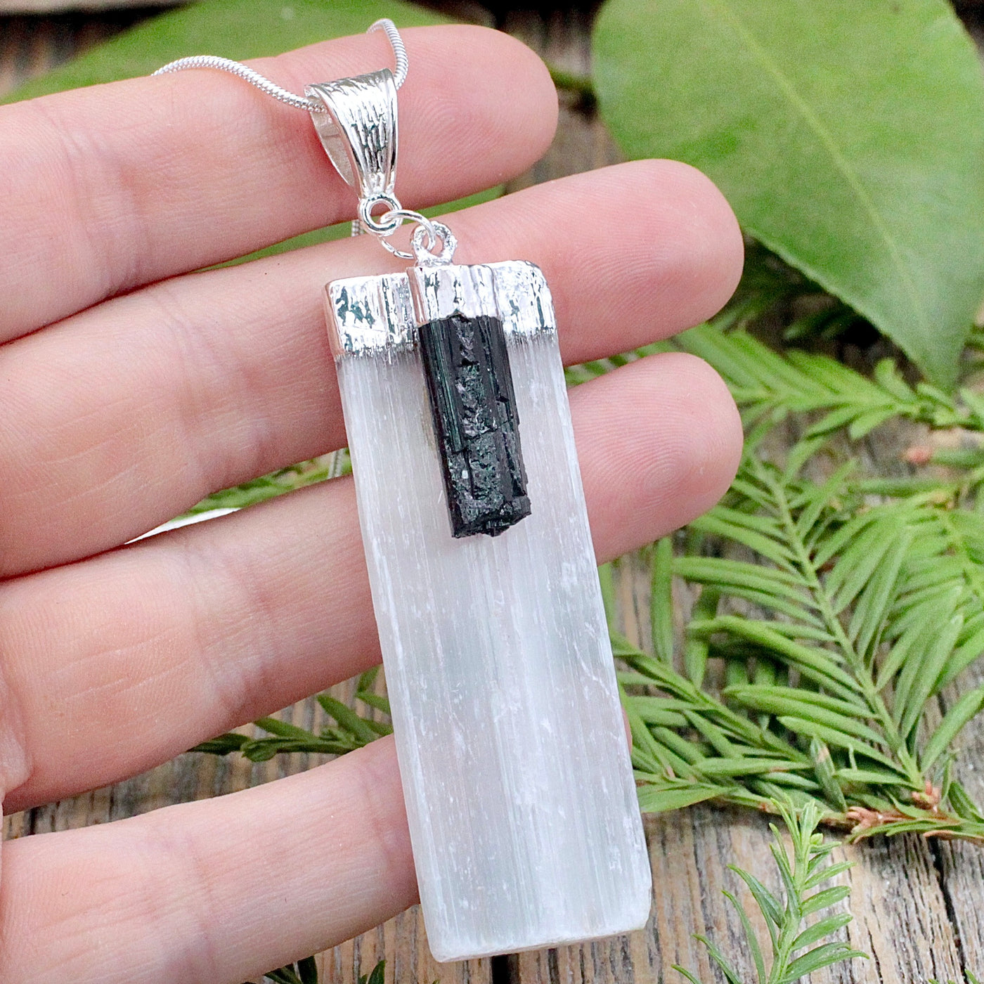 Selenite with Black Tourmaline Pendant