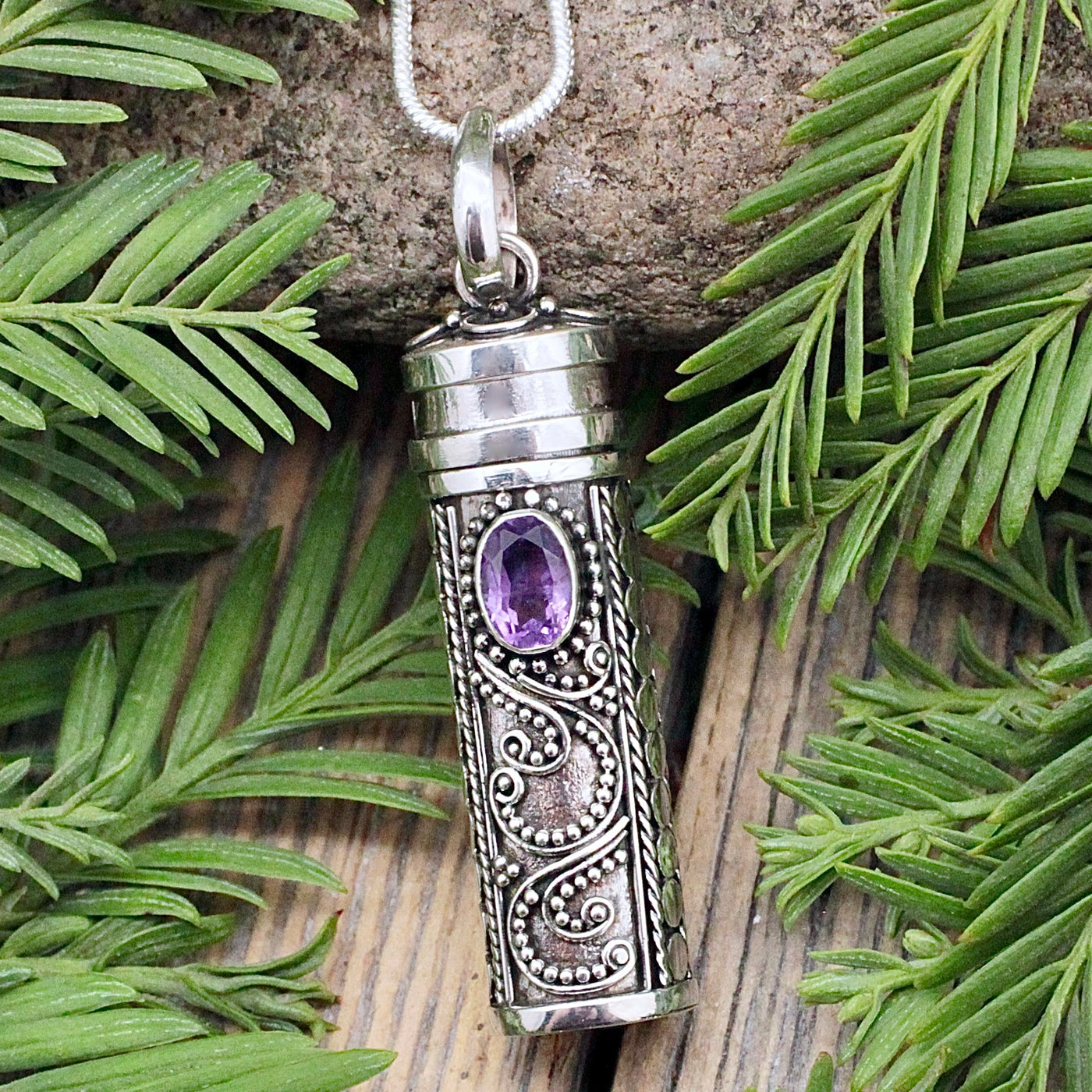 Amethyst Prayer Box Pendant - Sterling Silver