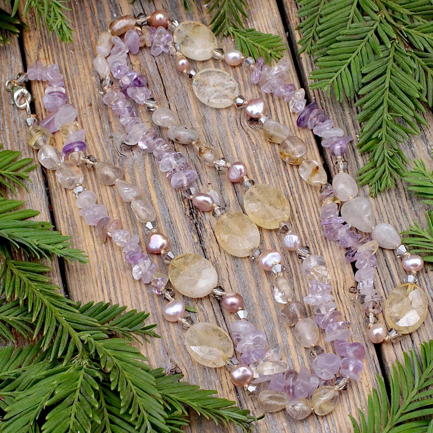 Amethyst, Rutile Quartz, Pearl and Citrine Necklace