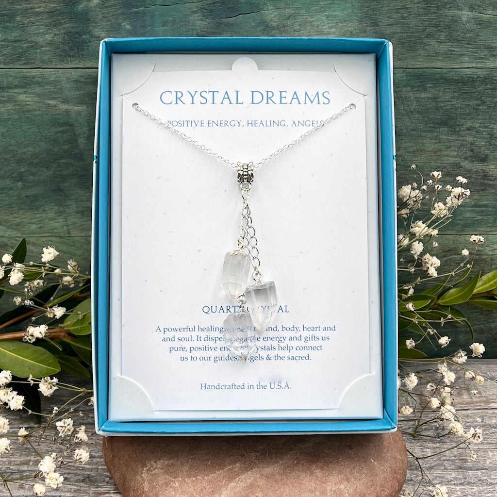 Quartz Dangle Necklace Crystal Dreams Collection in box
