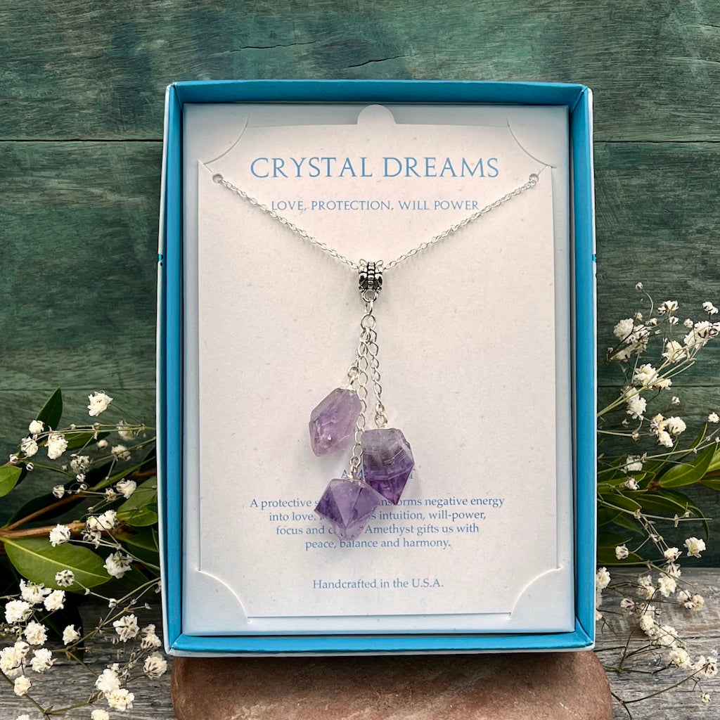 Crystal Dreams Amethyst Triple Drop necklace in box