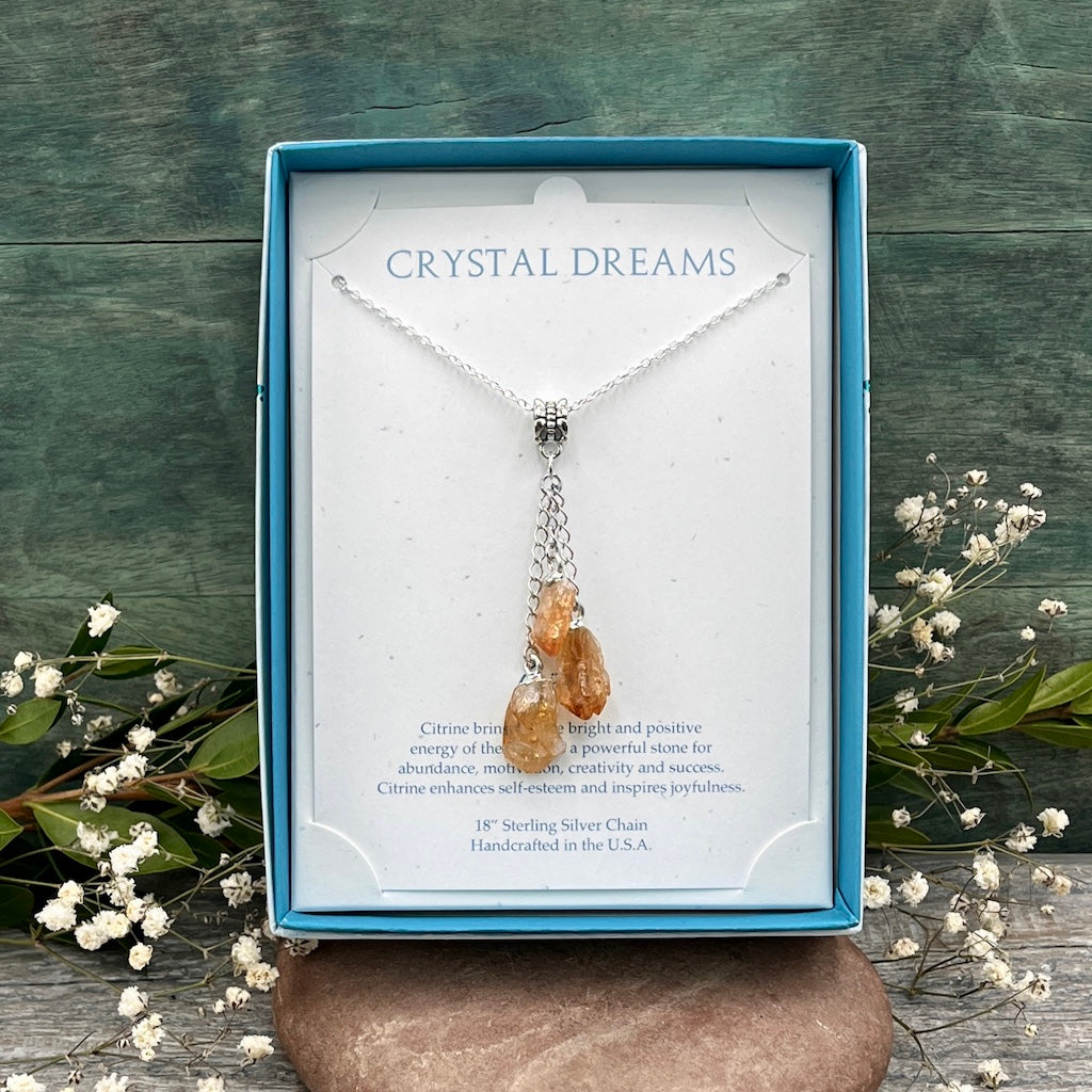 citrine Triple Drop Necklace in box Crystal Dreams Collection