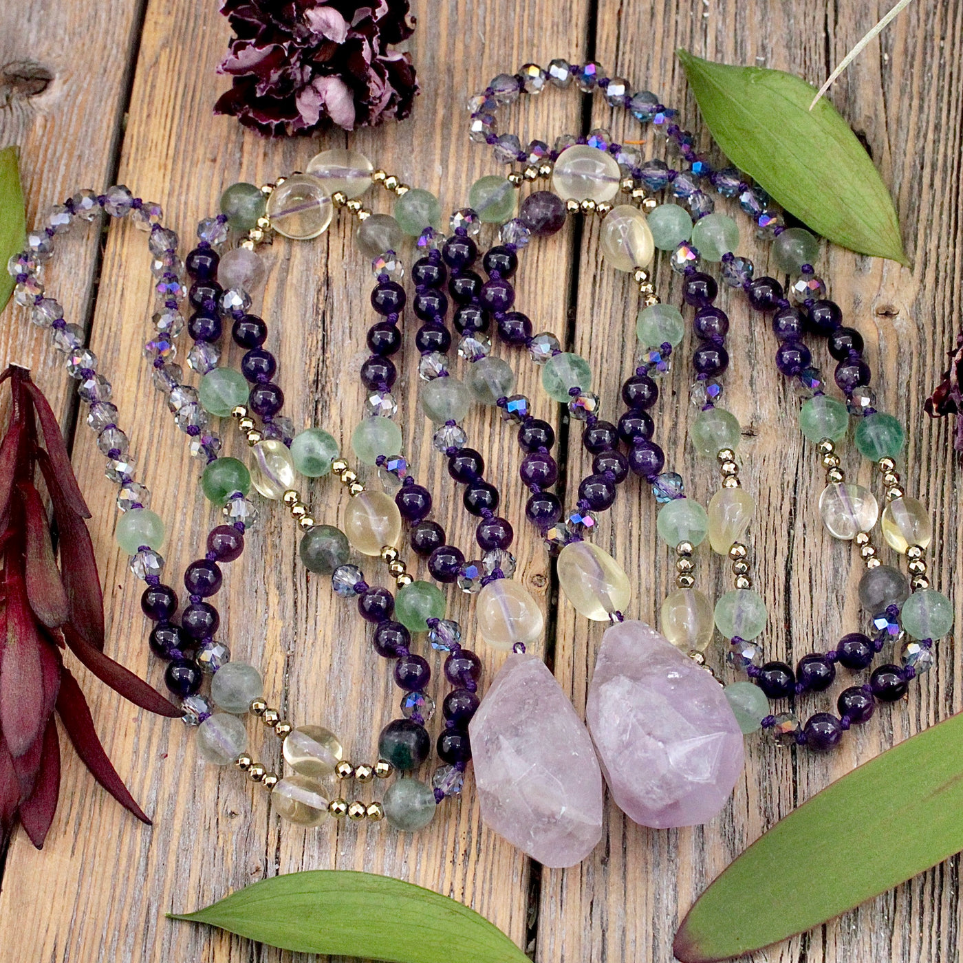 Amethyst and Fluorite Beaded Necklace with Amethyst Charm