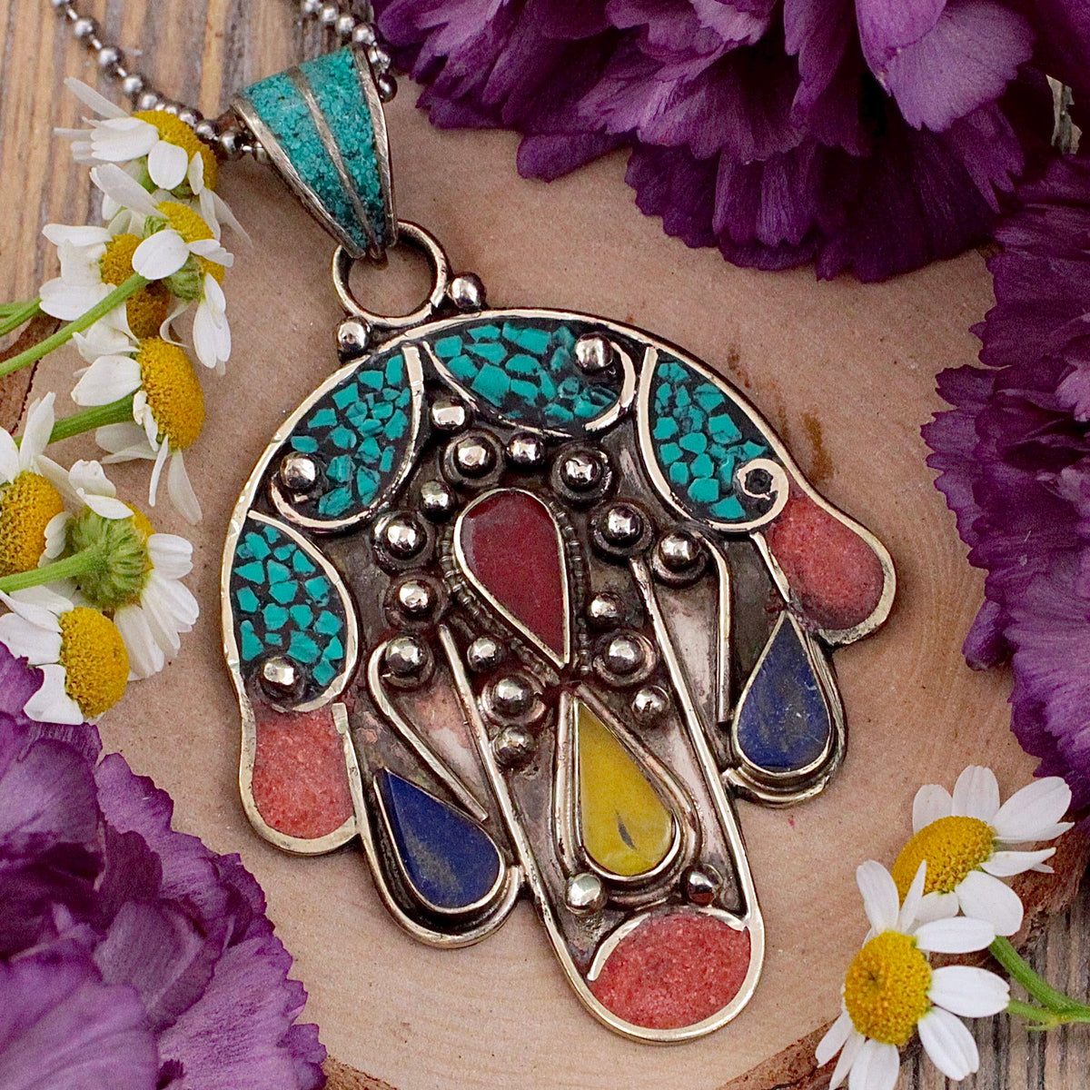 Hamsa Mosaic Pendant - Tibetan Silver