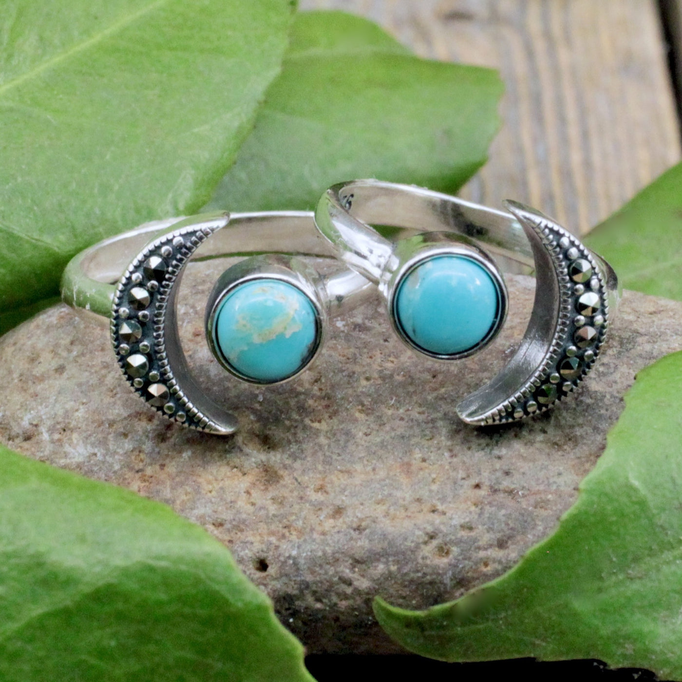 Turquoise and Marcasite Moon Ring - Sterling Silver
