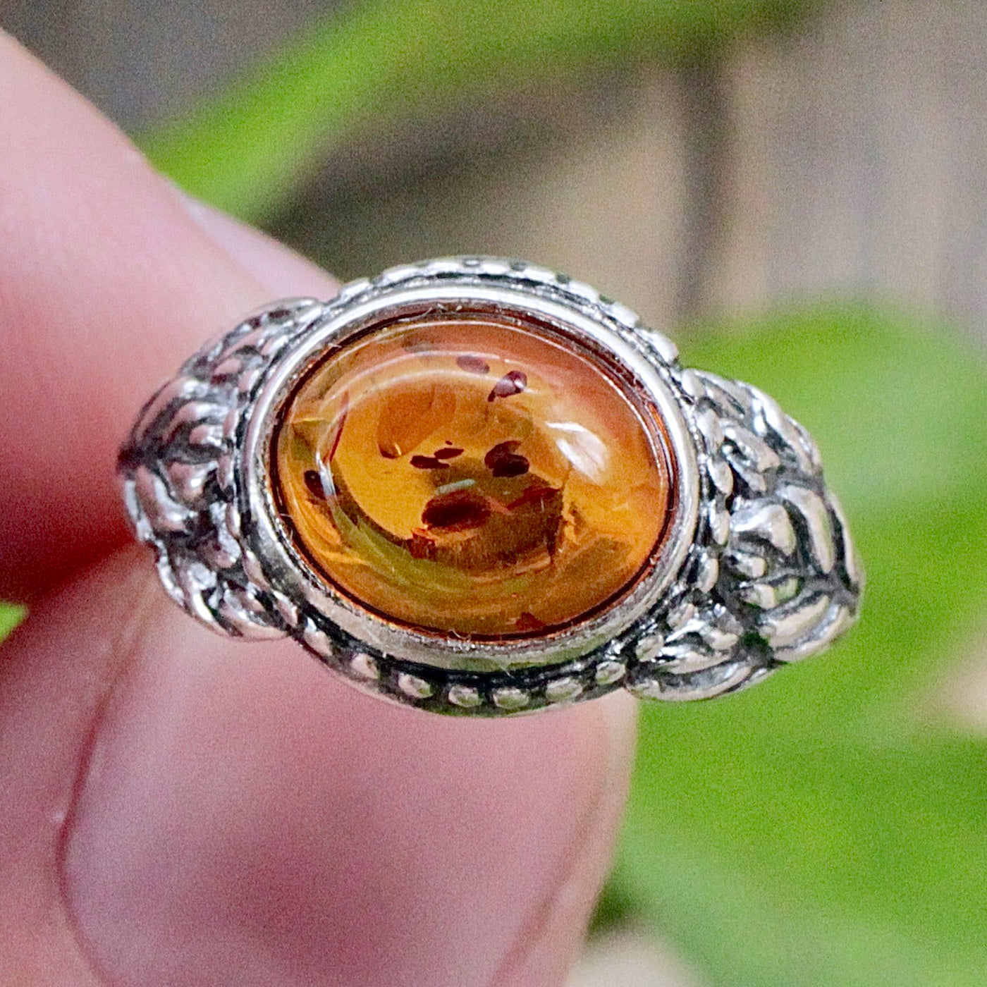 Amber Ring with Leaf Detail