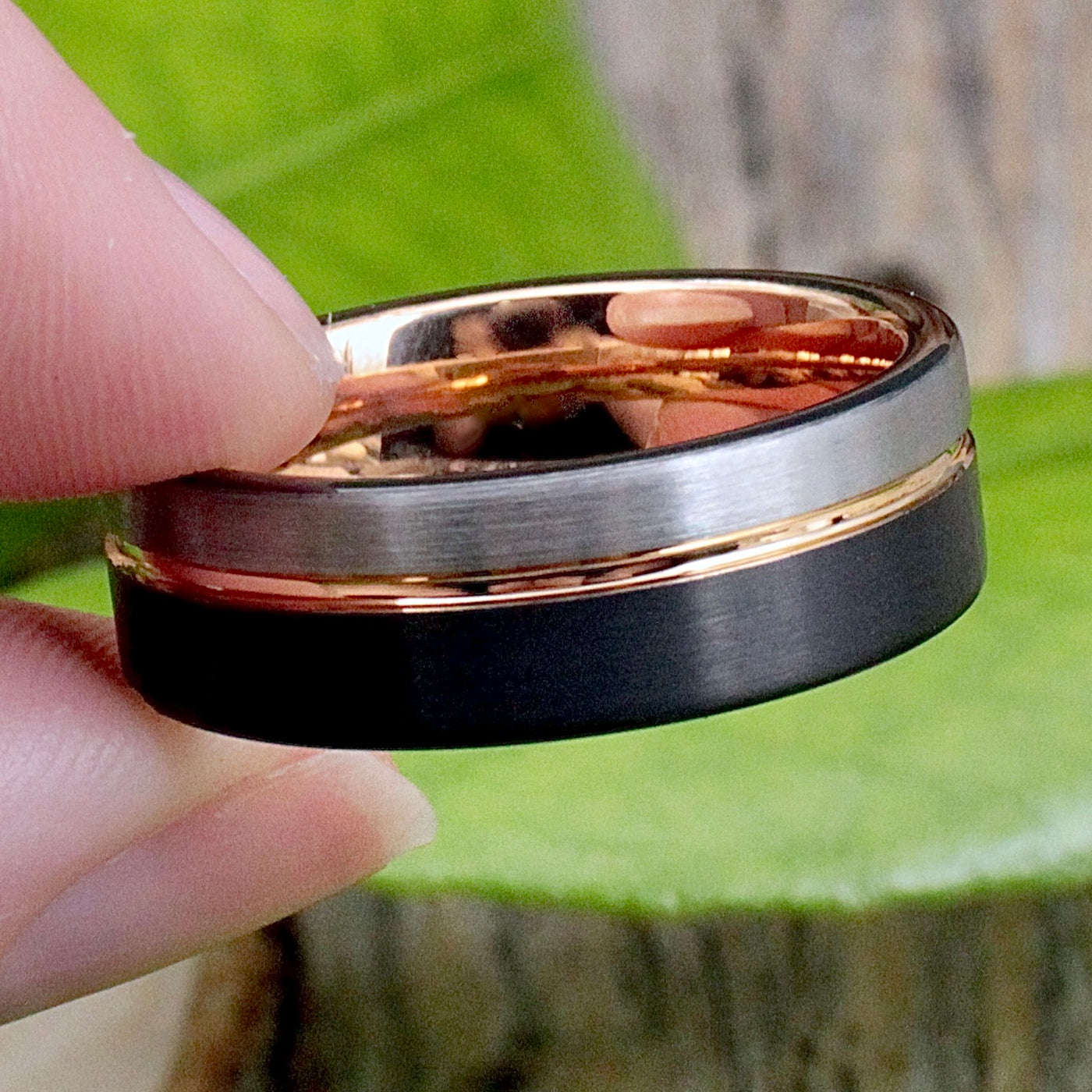 Tungsten Ring with Copper-Color and Brushed Black Detail