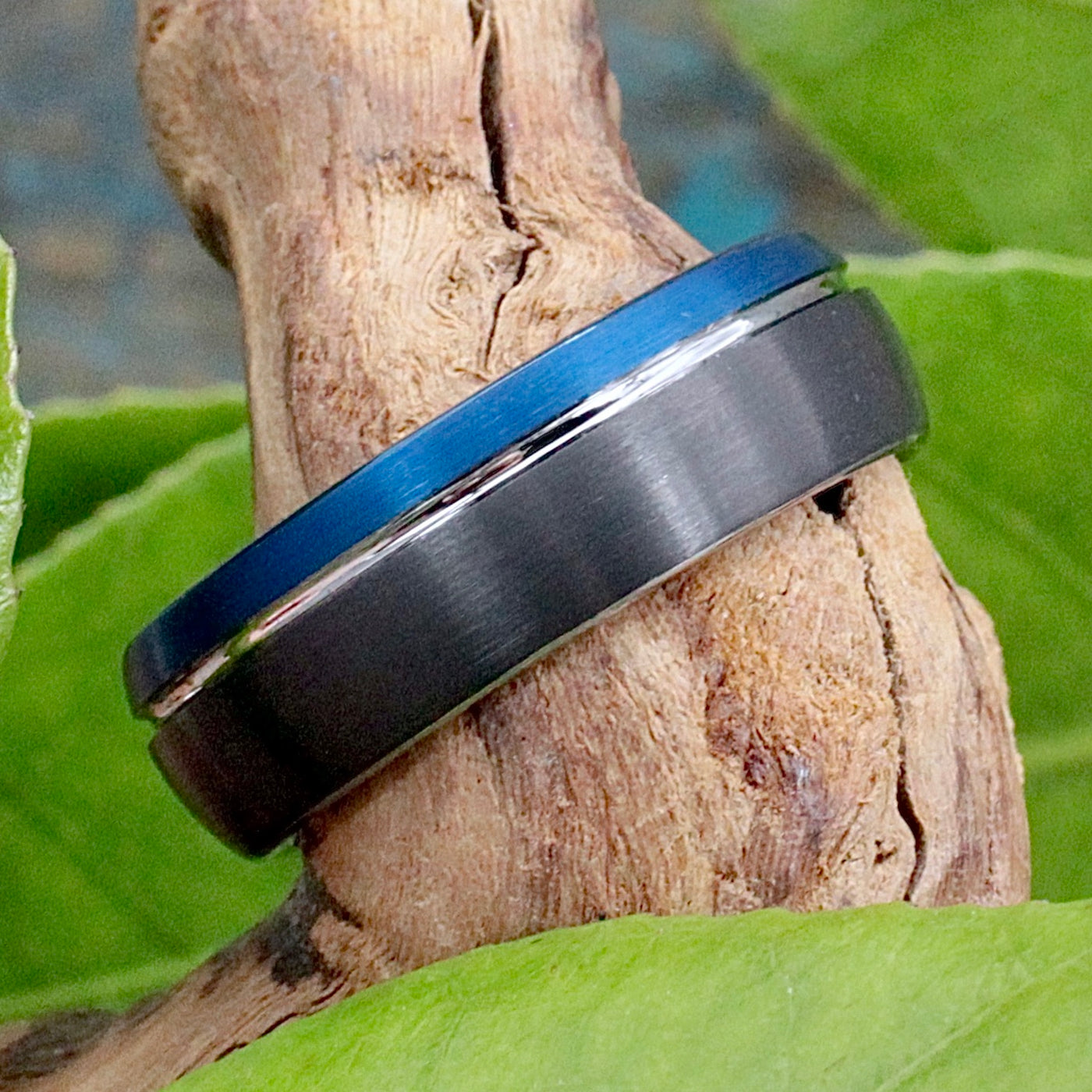 Tungsten Ring with Black and Blue Brushed Design