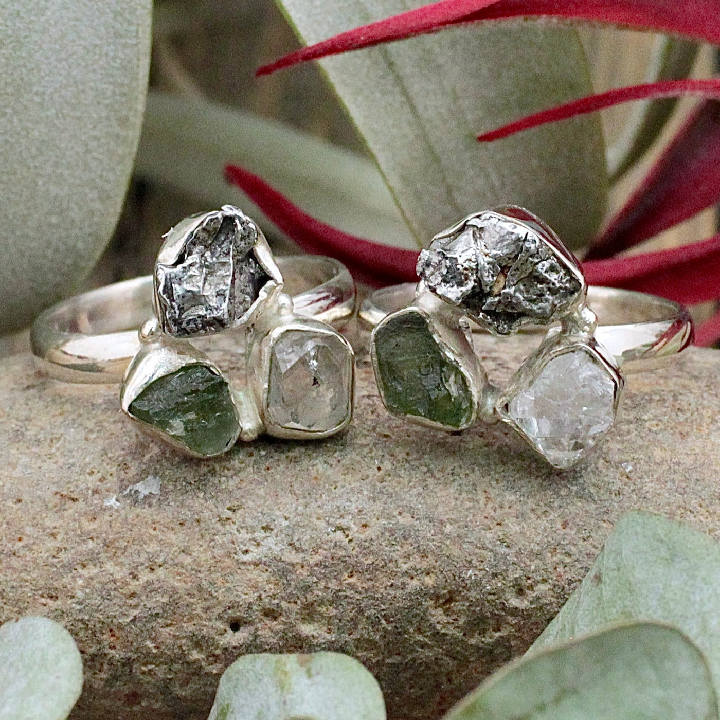 Moldavite, Pakimer Diamond and Campo Del Cielo Meterorite Ring