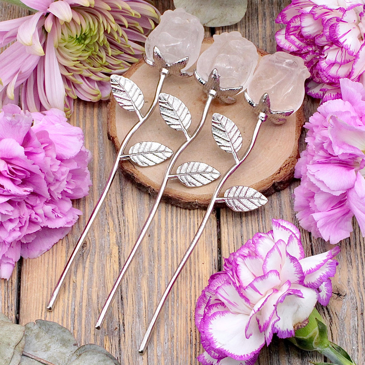 Quartz Rose on Metal Stem