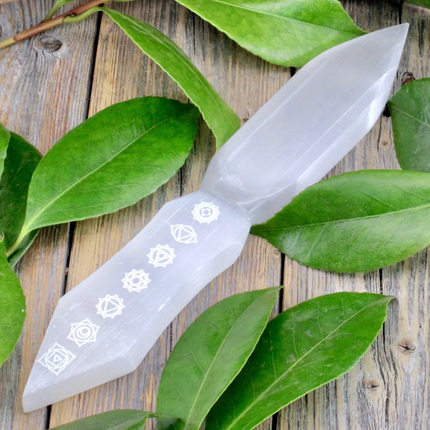 Selenite Athame with Chakra Symbol Engraving