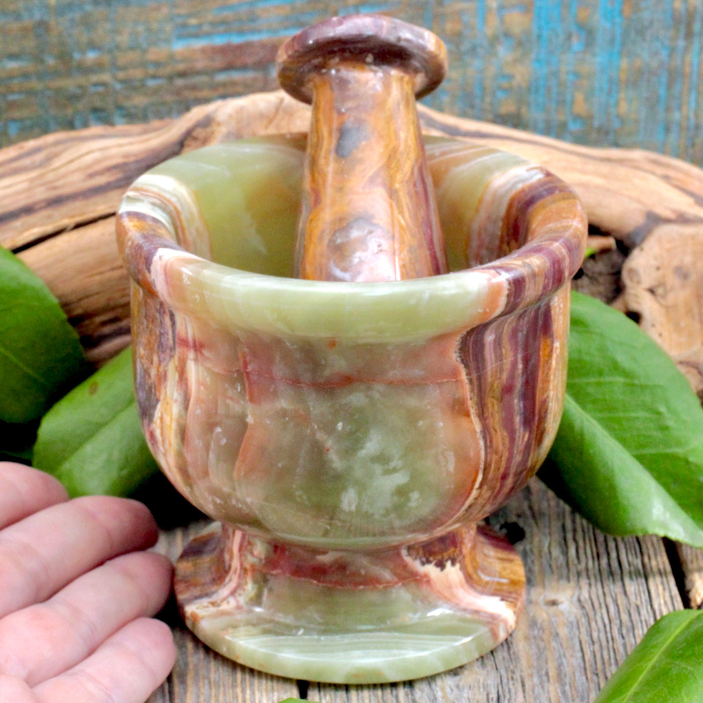 Green Banded Calcite Mortar and Pestle