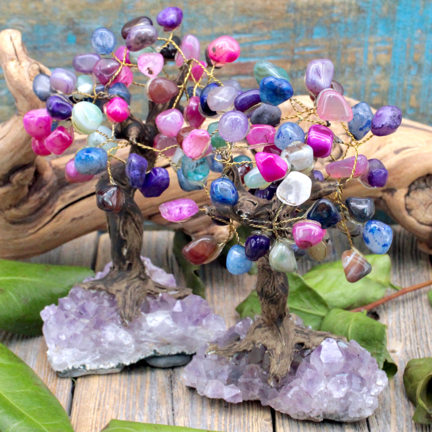 Dyed Multi-Color Agate Crystal Tree with Amethyst Cluster Base