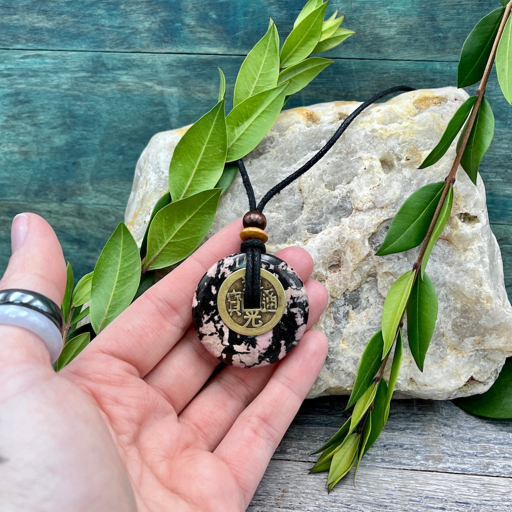 Heart Healer Rhodonite Necklace 40mm hand