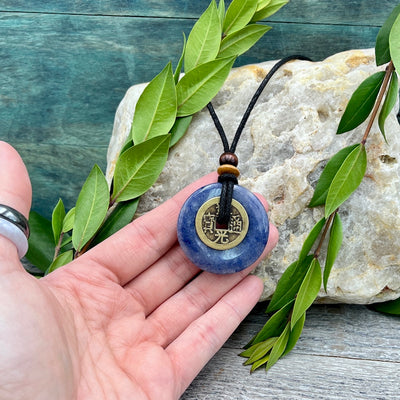 Pure Energy Blue Quartz Necklace 40mm hand