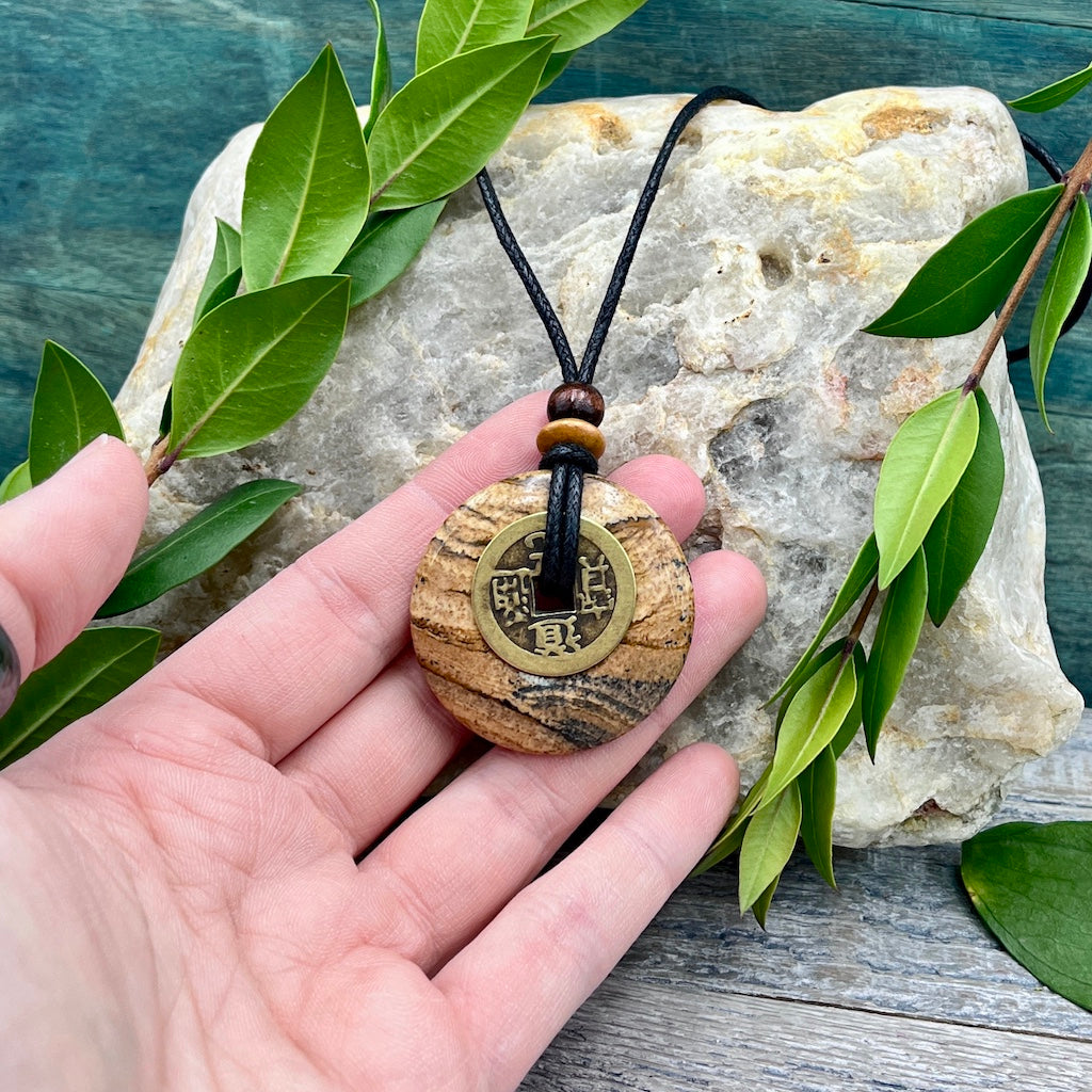 Ancient Wisdom Picture Jasper Necklace hand