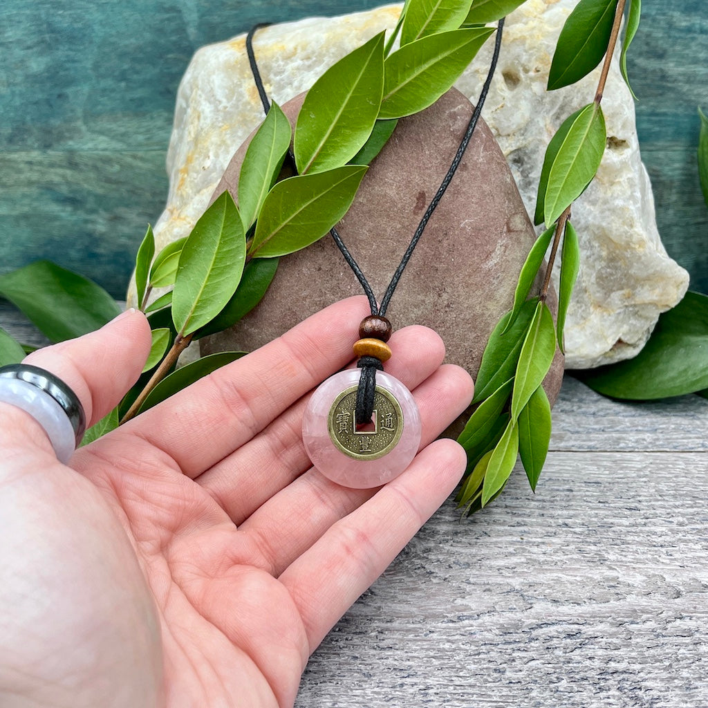 Love Rose Quartz Necklace 30mm hand