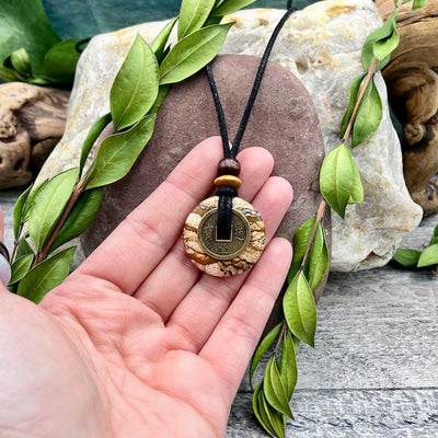 Ancient Wisdom Picture Jasper Necklace 30mm hand