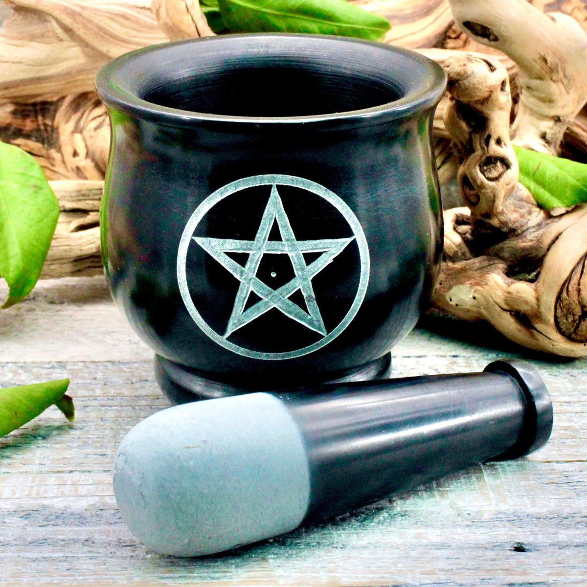 Black Soapstone Mortar & Pestle - Pentacle