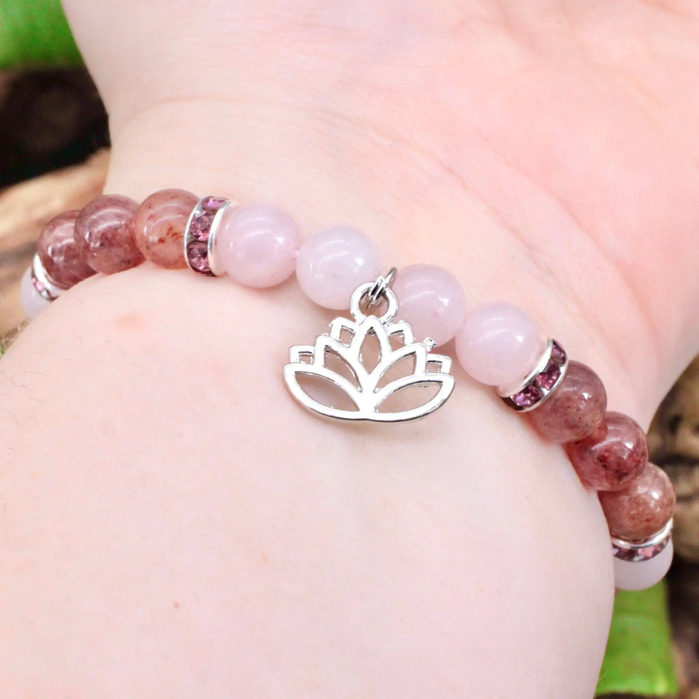 Rose Quartz and Strawberry Quartz Bracelet with Lotus Charm - 8mm