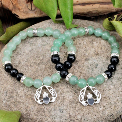 Green Aventurine and Onyx Bracelet with Claddagh Charm - 8mm