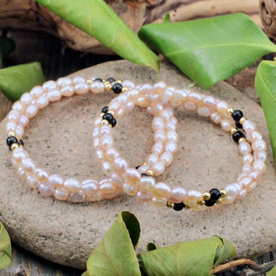 Pink Pearl with Black Jasper Memory Wire Bracelet