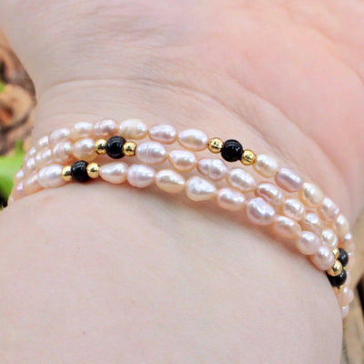 Pink Pearl with Black Jasper Memory Wire Bracelet