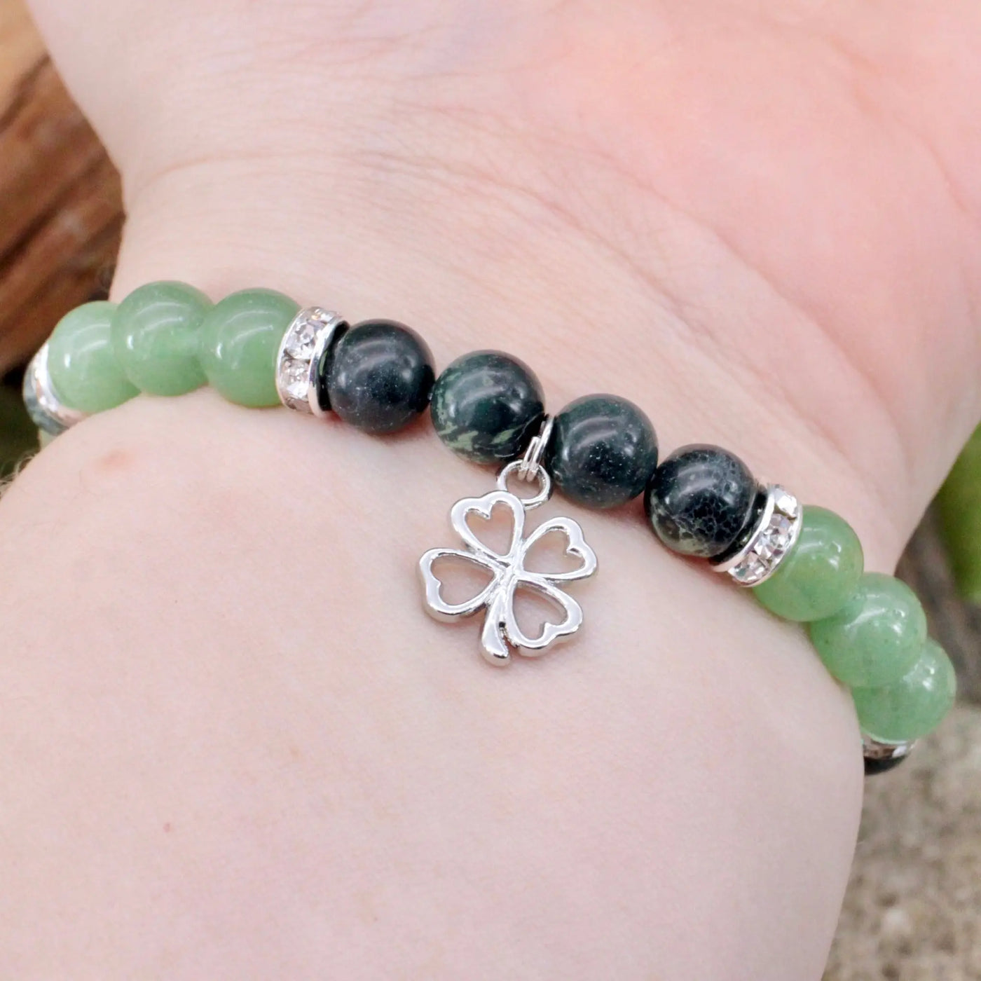 Kambaba Jasper and Green Aventurine Bracelet with Clover Charm - 8mm