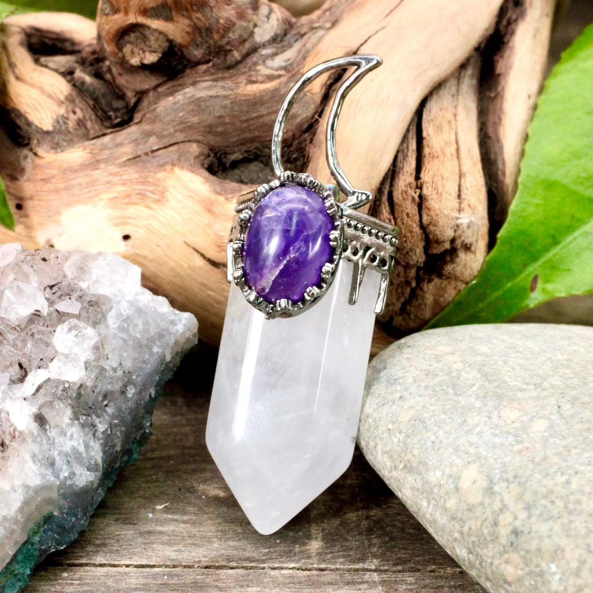 Quartz Point Moon Pendant with Amethyst