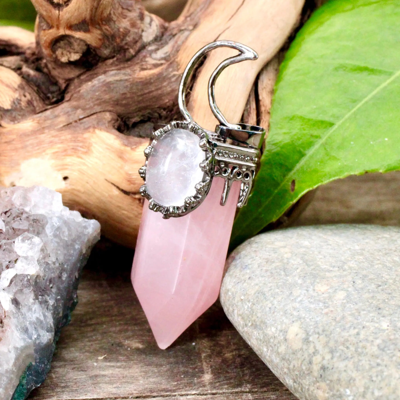 Rose Quartz Point With Quartz And Moon Pendant