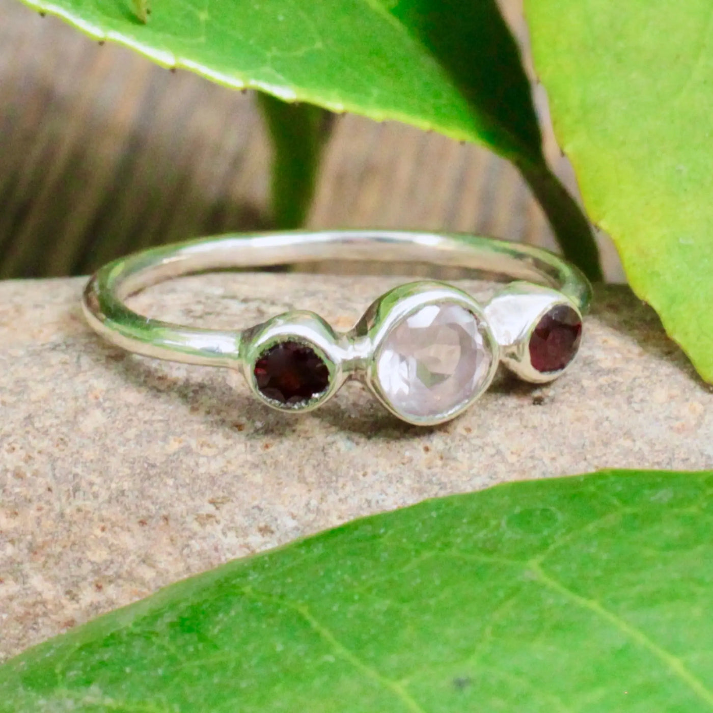 Rose Quartz and Garnet Three Stone Ring