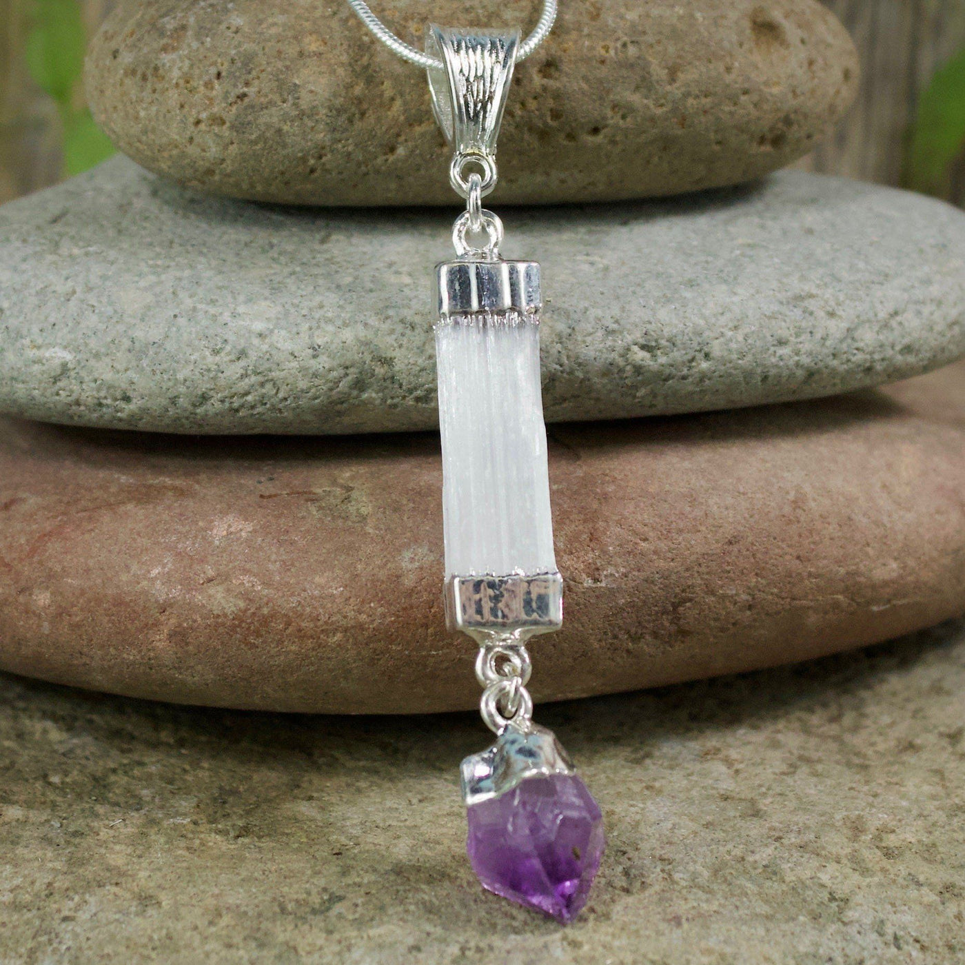 Selenite with Amethyst Dangle Necklace