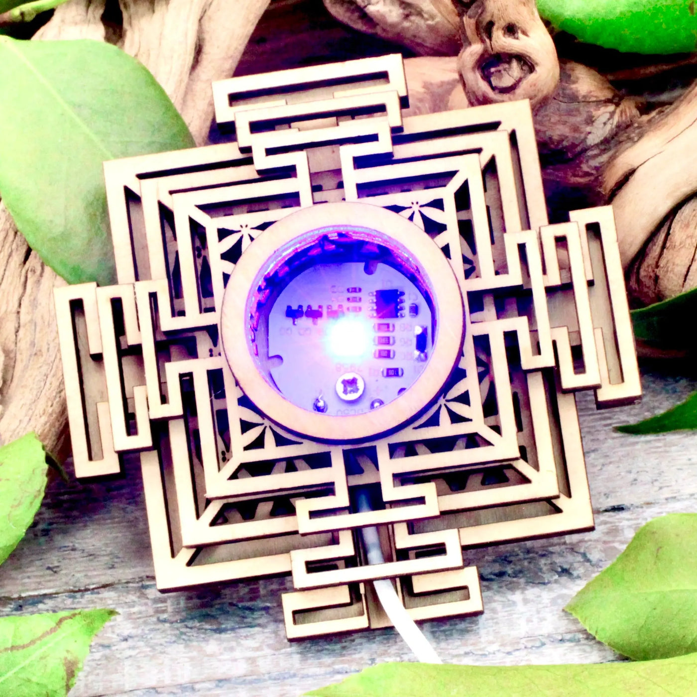 Wooden Geometric Sphere Stand with Color-Changing Light