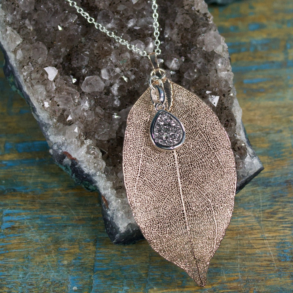 Rose Gold Leaf with Silver Druzy Necklace